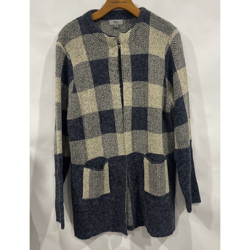 Yaira Buffalo Plaid Cardigan Sweater Open Pockets Steel Blue Beige Sz Petite XL